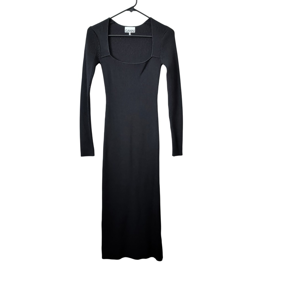Ganni Black Ribbed Knit Square Neck Long Sleeve Midi Dress XS Classy Luxury
